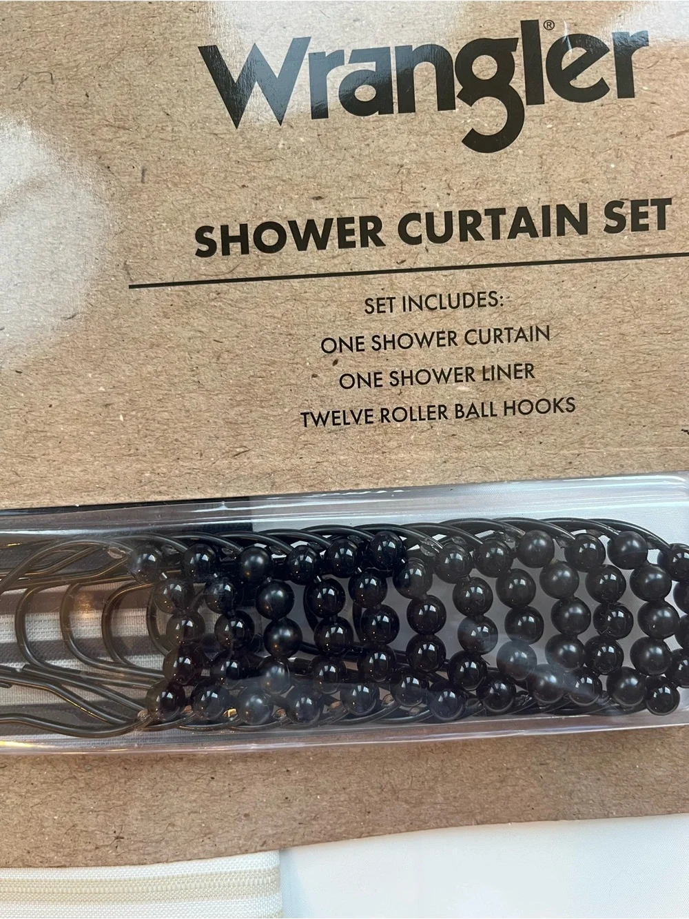 Wrangler White Shower Curtain Set with Black, Tan, Yellow Stripe Accents